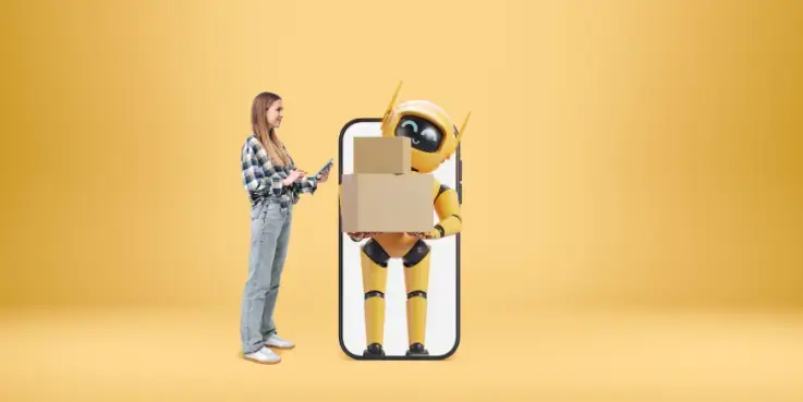 Vrouw die een apparaat gebruikt en naar een glimlachende robot met een pakketje kijkt, mock-up telefoonscherm op gekleurde achtergrond. Concept van AI, logistiek, online winkelen en bezorging door robots.