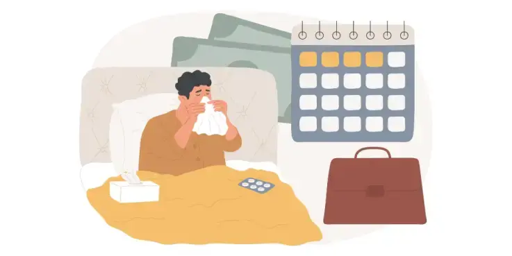 Een persoon ligt ziek in bed met een deken, een tissue en medicijnen naast zich. Op de achtergrond staan illustraties van geld, een kalender met gemarkeerde dagen en een aktetas, verwijzend naar ziekteverzuim en werk.