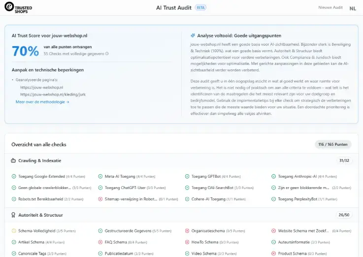 Screenshot van de AI Trust Audit van Trusted Shops