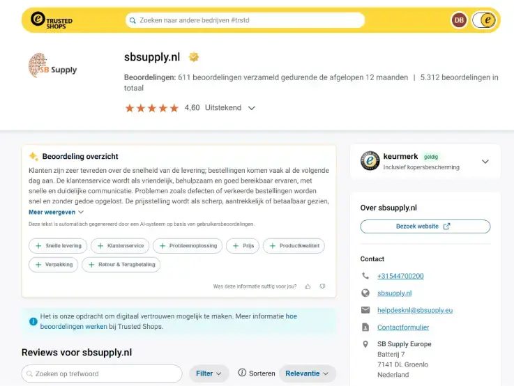 Screenshot van bedrijfsprofiel van SB Supply