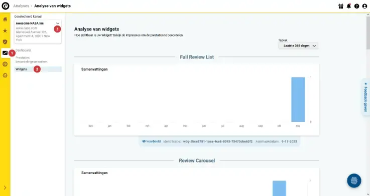 Screenshot van het widgets dashboard van Trusted Shops