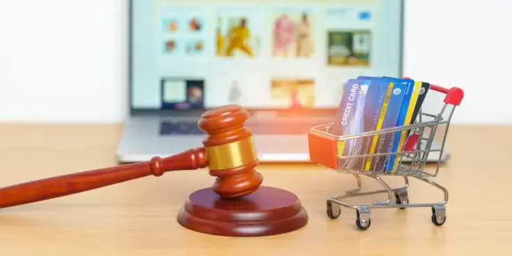 Een foto van een voorzittershamer, met een klein winkelwagentje met bankpasjes erin. Erachter zie je een laptop met een webshop open. Dit staat symbool voor wetgeving voor webshops