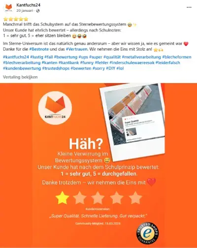 Een screenshot van Kantfuchs24 op Facebook, met in het Duits (vertaalt), samengevat dat de klant 1 ster heeft gegeven omdat in Duitsland op school een 1 het beste cijfer is dat je kunt geven. Ze zijn erg blij met de goede beoordeling.