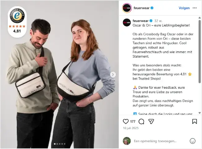 Screenshot van Feuerwear op Instagram met daarop 2 mensen die tassen showen en het Trusted Shops Keurmerk bovenin