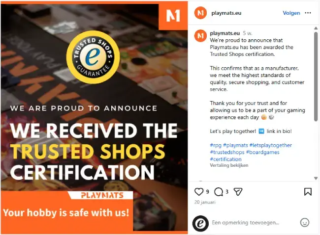Een screenshot van Playmats op Instagram met daarop in het Engels: 'We are proud to announce we received the Trusted Shops Certification. Playmats. Your hobby is safe with us.'