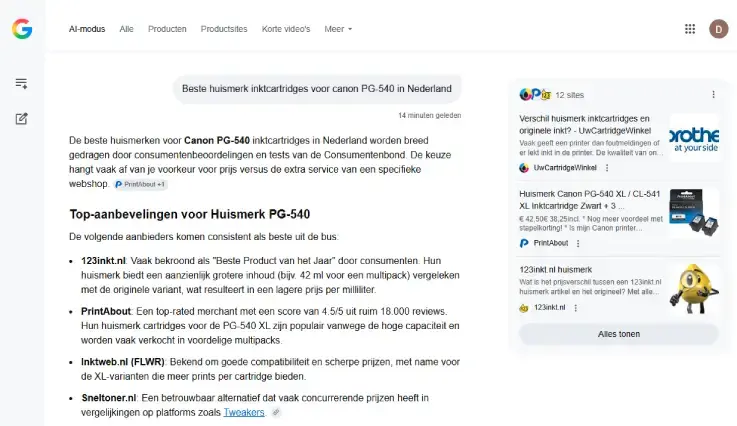 Screenshot van Google AI-modus met zoekresultaten voor beste huismerk inktcartridges voor Canon PG‑540 in Nederland, inclusief aanbevelingen van webwinkels zoals 123inkt, PrintAbout en Inktweb, met vergelijkingskaart aan de rechterzijde.