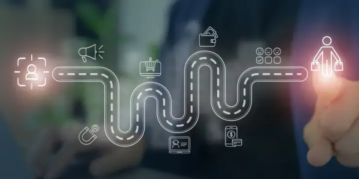 Illustratie van een online customer journey met een kronkelend pad en iconen voor doelgroep, marketing, winkelwagen, betaling en klanttevredenheid, die laat zien hoe vertrouwen en stappen in het aankoopproces leiden tot conversie.