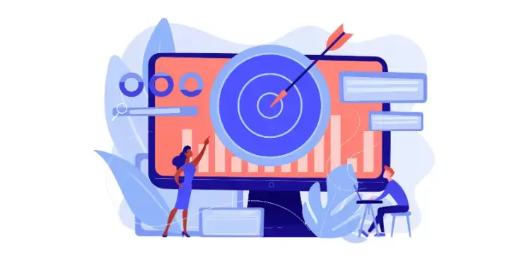 Illustratie van retargeting en remarketing met een groot doelwit op een computerscherm, grafieken op de achtergrond en twee personen die samenwerken aan het optimaliseren van marketingcampagnes.