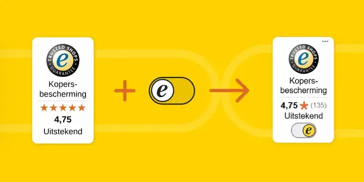 Illustratie van Trustbadge AI+: kopersbescherming met 4,75 sterren en ‘Uitstekend’ wordt uitgebreid met eTrusted en AI, stopt nepwebshops en maakt webshops zichtbaar voor AI-zoeken, met reviews en Trustbadge-upgrade op gele achtergrond.
