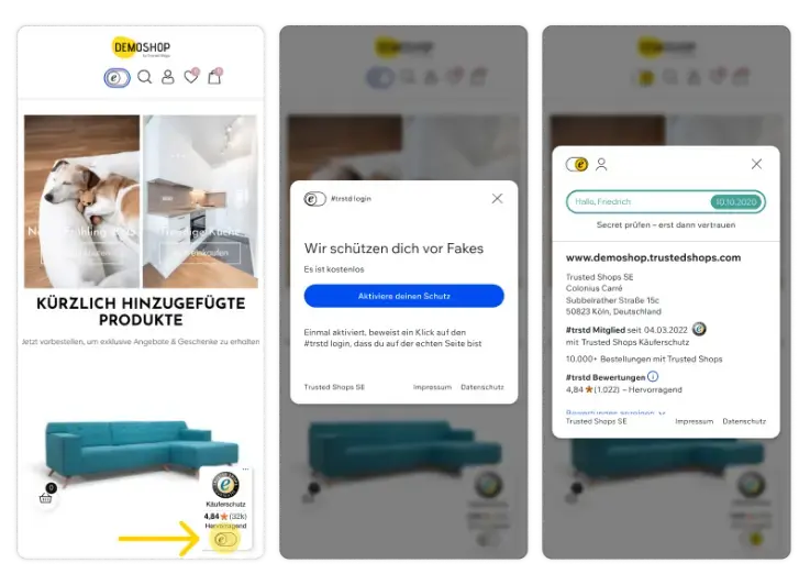 Visualisatie van de Trustbadge AI+ in een Duitse webshop: productpagina met Trusted Shops‑keurmerk, kopersbescherming, reviewscore van 4,84 sterren, #trstd login‑overlay tegen fraude en verificatiescherm dat veilige en betrouwbare online aankopen toont.
