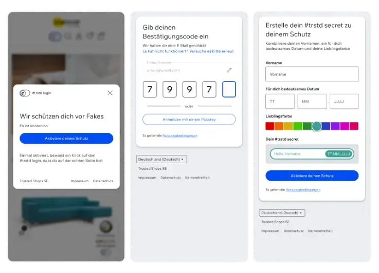 Stap-voor-stap weergave van de Trustbadge AI+ registratie: activeren van #trstd login tegen fraude, bevestigen van e‑mail met code en aanmaken van een persoonlijk #trstd secret om online aankopen veilig en betrouwbaar te beschermen.