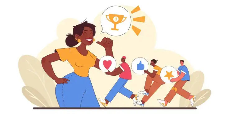 Illustratie over klantenloyaliteit voor webshops: een centraal figuur met trofee, omringd door meerdere personen met iconen zoals hart, like en ster. Beeld staat voor klantbinding, herhaalaankopen en onderscheidend vermogen ten opzichte van concurrenten.