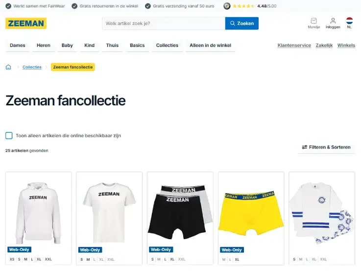 Screenshot van de Zeeman fancollectie in de webshop: overzichtspagina met web-only kleding zoals T‑shirts, sweaters en ondergoed met Zeeman-logo, inclusief filters, categorieën en productkaarten.