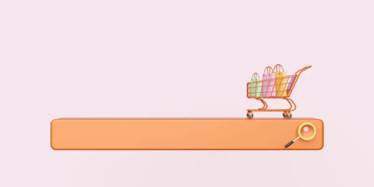 Illustratie van Google Shopping-advertenties met een winkelwagen vol shoppingtassen op een zoekbalk en een vergrootglas, symbool voor online productzoekopdrachten, e-commerce en het optimaliseren van Google Shopping ads voor meer websiteverkeer.