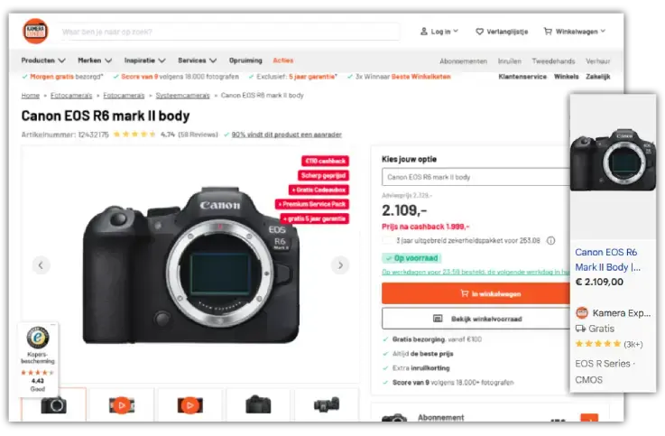 Screenshot van een productpagina bij Kamera Express voor de Canon EOS R6 Mark II body. Te zien zijn de systeemcamera, prijs €2.109, cashback‑actie, gratis 5 jaar garantie, klantbeoordelingen en een Google Shopping‑productkaart aan de zijkant.