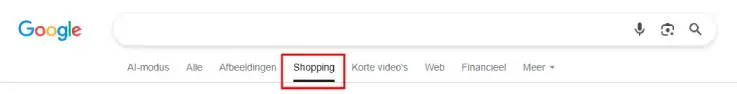 Screenshot van de Google-zoekinterface met de navigatiebalk waarin het tabblad Shopping is gemarkeerd. De balk toont opties zoals Alle, Afbeeldingen, Shopping en Web, en illustreert waar Google Shopping-resultaten te vinden zijn.