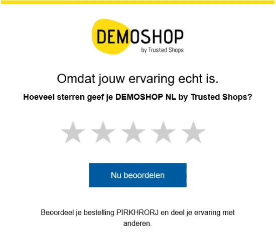 Screenshot van een voorbeeld hoe het beoordelingsformulier van Trusted Shops eruit kan zien. Er staat voor welke webshop de beoordeling is en de mogelijkheid om sterren te geven.