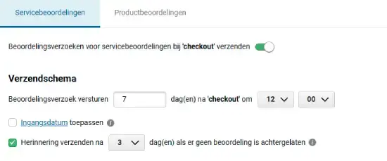 Screenshot van Trusted Shops-instellingen voor servicebeoordelingen: verzendschema met beoordelingsverzoek 7 dagen na checkout om 12:00 uur, optie om herinnering te sturen na 3 dagen zonder beoordeling en toggle voor verzenden bij checkout.