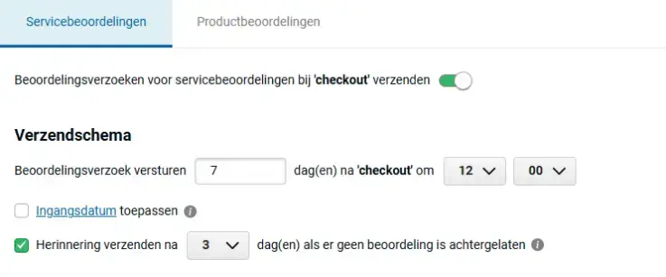 Screenshot van Trusted Shops-instellingen voor servicebeoordelingen: verzendschema met beoordelingsverzoek 7 dagen na checkout om 12:00 uur, optie om herinnering te sturen na 3 dagen zonder beoordeling en toggle voor verzenden bij checkout.