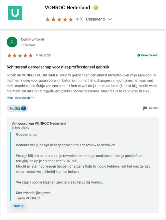 Schermafbeelding van het Trusted Shops-bedrijfsprofiel van VONROC Nederland met 4,58 sterren beoordeling, geverifieerde klantreview over boorhamer voor niet‑professioneel gebruik en officiële reactie van Team VONROC.