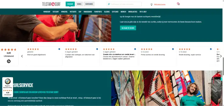 Screenshot van de homepage van Telstar Surf met beoordelingen