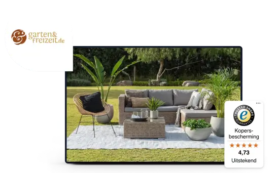 Outdoor loungeset van Garten & Freizeit in groene tuin, met bank, stoel en salontafel. Trusted Shops keurmerk zichtbaar met kopersbescherming en beoordeling 4,73 ‘Uitstekend’, gebruikt in klantverhaal van Trusted Shops.