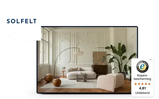 Klantverhaal van Solfelt met luxe designinterieur: moderne bank en meubels in stijlvolle woonkamer. Afbeelding toont Solfelt als Trusted Shops‑partner met kopersbescherming en beoordeling 4,81 (uitstekend).