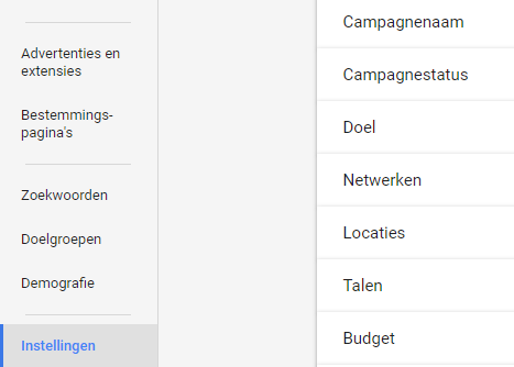 Google Ads menu Instellingen